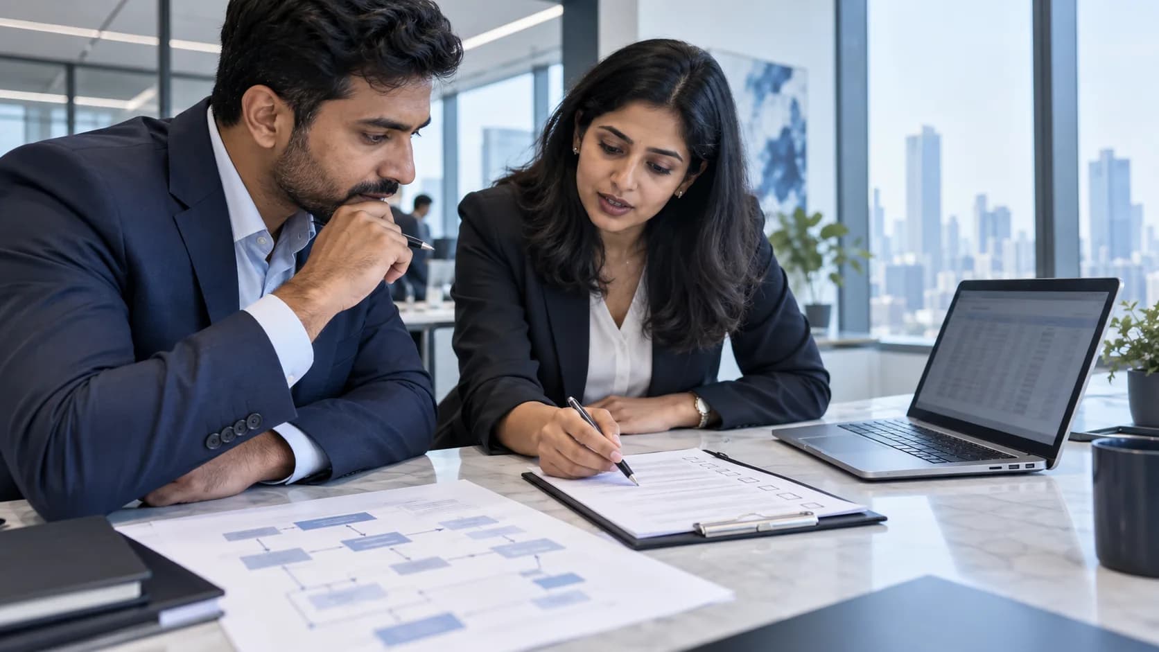 Indian finance professionals reviewing a process checklist and monthly reports together.