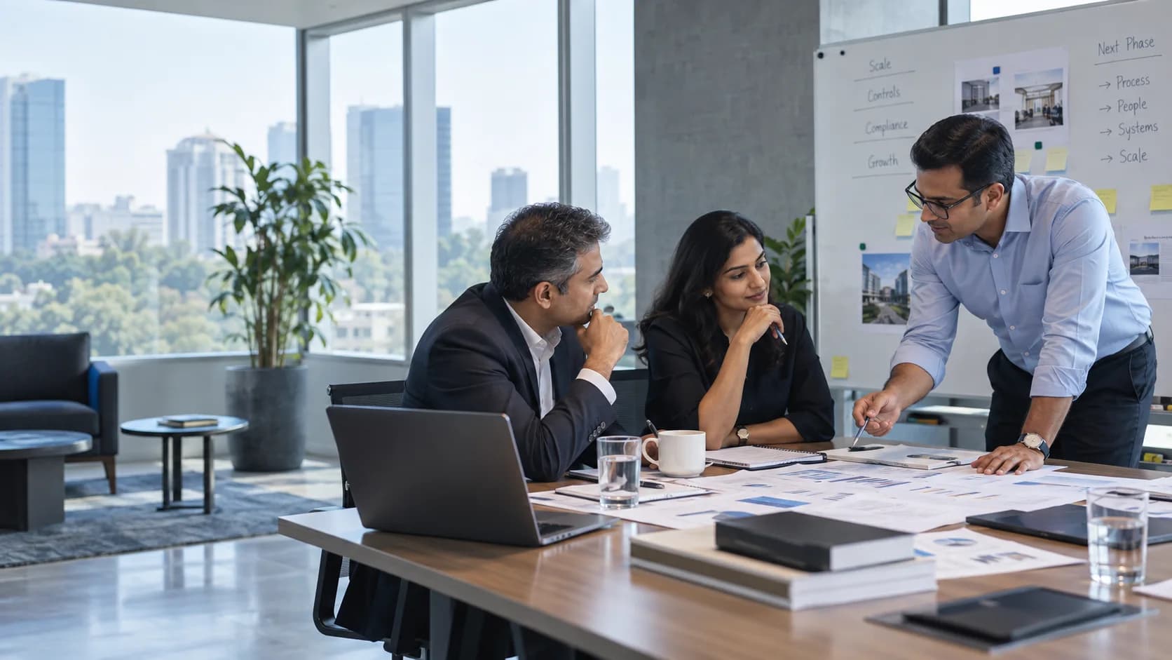 Indian business leaders and a finance adviser reviewing plans and reports together in an office.